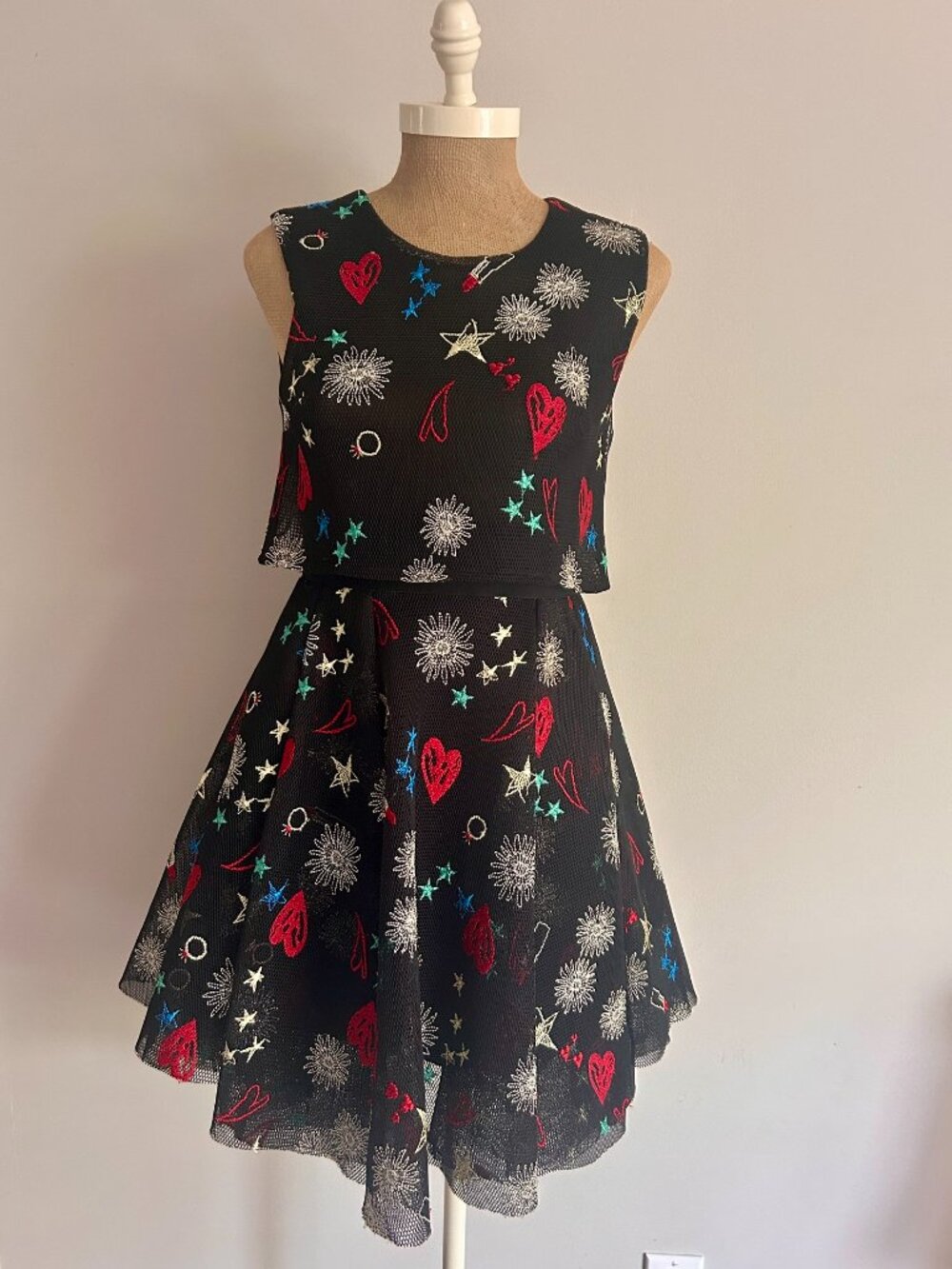 Maje Rachel Black Mesh Mini Dress - Embroidered Hearts & Lipsticks, Size S small